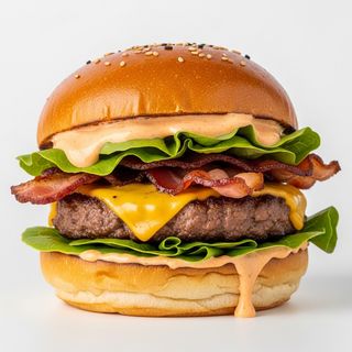 Smash con cheddar stagionato, bacon, lattuga, pomodoro e salsa bacon