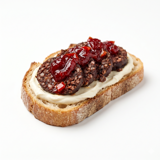 Morcilla picantona con crema de queso y confitura de pimientos
