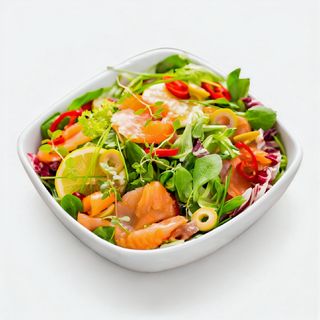 Salada de Salmão Fumado, Pesto e Queijo Fresco