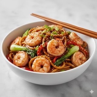 Tallarines salteados con gambas