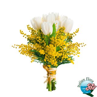 MAZZO DI 30 TULIPANI BIANCHI E MIMOSA