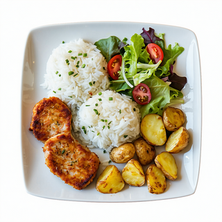 Chuletas De Cerdo Apanado Con Arroz, Ensalada Y Patatas