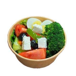 მოხარშული კვერცხი, ბროკოლი, პომიდორი, კიტრი, ზეთისხილი, ყველი ფეტა