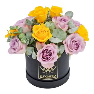 Cutie cu trandafiri galbeni si mov