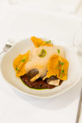 Pastrav pe plita, piure de legume, chips de malai