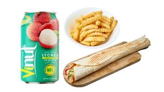 Rollo kebab tortilla, Napój o smaku liczi, frytki