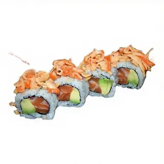59. Uramaki De Salmón Con Aguacate Y Surimi En Salsa (4 Uds.)