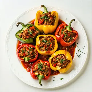 Печени пълнени чушки с кайма и ориз със заливка
