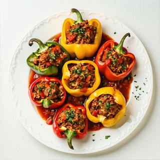 Печени пълнени чушки с кайма и ориз със заливка