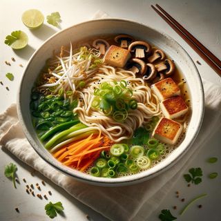 Wegetariańska zupa z makaronem i smażonym tofu