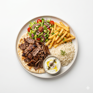 Sultán carne kebab, ensalada, patatas, arroz y salsa yogur