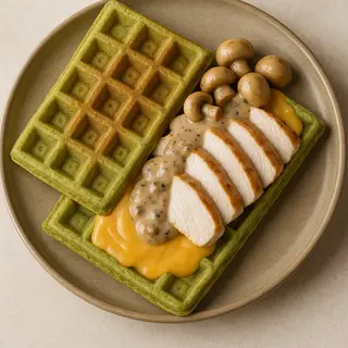 Spinach waffle with chicken breast, champignons, 