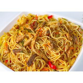 Noodles, Plantain, Egg, Asun and Sausage