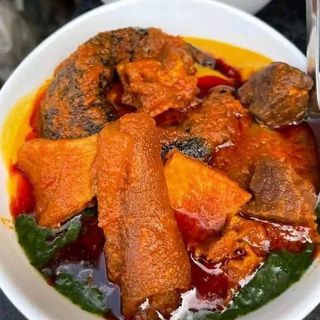 Beef and pomo mixed with Ewedu 