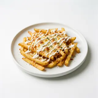 Patatas fritas con queso gratinado y salsa yogurt