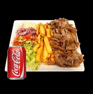 Kebab Chicken on Plate with Salad, French Fries and Soft Drink