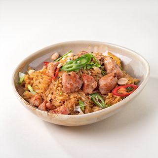 Wok rice chicken curry egg vegetables