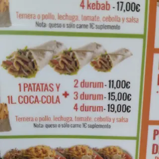 3 Durum ternera o pollo dentro ensalada ,salsa. Y patatas y cola 1 L.