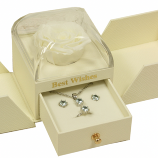 Rosa Preservada con Pendientes, Gargantilla y Anillo para Regalo (Blanca)