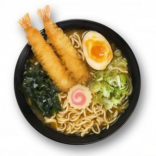 Ramen miso con langostinos, wakame, naruto, cebolleta y huevo ramen