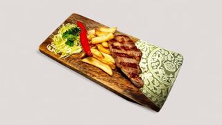 Meniu ceafa de porc, cartofi prajiti, salata de varza, mustar, chifla