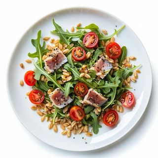 Insalata di farro con pomodori, rucola e tonno