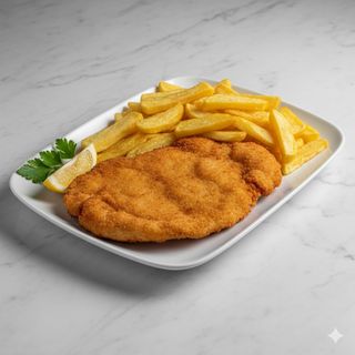 Milanesa de pollo con patatas fritas