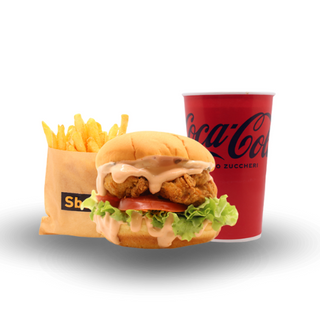 CRISPY SBERLA CHICKEN + PATATINE E BIBITA