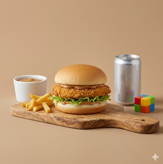 Burger di pollo, salsa, patatine fritte, mini bibita, sorpresa