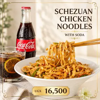 Schezuan Chicken Noodles with soda