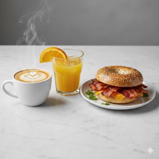 Combo Café Con Leche 9 Oz. + Zumo Natural + Baguel De Bacon Y Queso