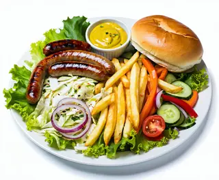 Carnaciori subțiri , cartofi prajiti , salata și suc
