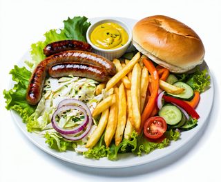 Carnaciori subțiri , cartofi prajiti , salata și suc