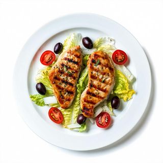 Due cotolette di pollo da 100 g con insalata, pomodori e olive