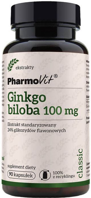 Miłorzab japoński Ginkgo biloba ekstrakt standaryzowany 24% glikozydów flawonowych 100mg 90 kapsułek PharmoVit