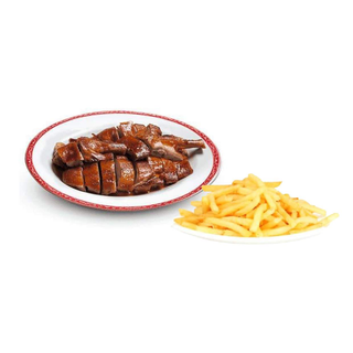 Pato asado con patatas fritas