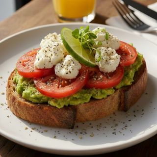 Tostada de tomate con queso blanco y aguacate