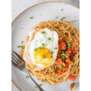 Garnished Noodles, Fried Egg and Turkey