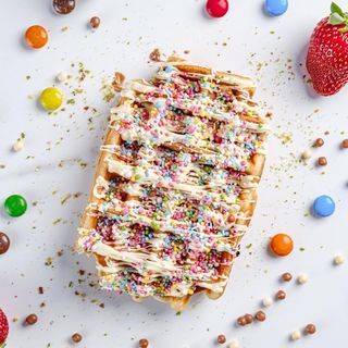 Belgian waffle , milk chocolate, sprinkles 
