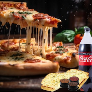 Pizza Familiar + 4 Pães Alho Mozzarella + Bebida 1,5Lt + 3 Delta Q