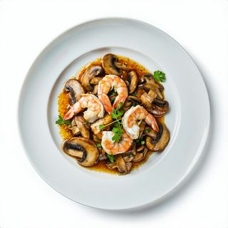 410. Pollo Con Gambas Y Hongos De Oro
