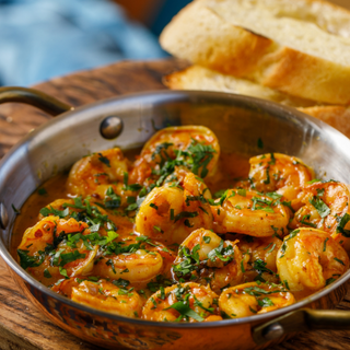 ტაფაზე შემწვარი ფოთის კრევეტები