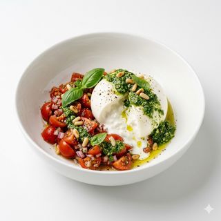 Ensalada De Burrata Con Pesto Encima Y Tomate De Campo