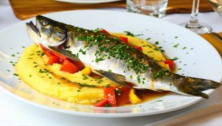 Păstrăv la grătar cu mămăliguță și mujdei