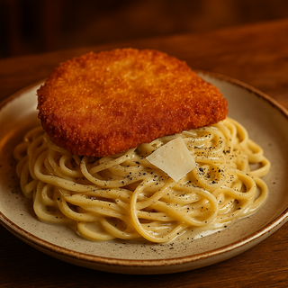 Milanese loca con pasta cacio e pepe 