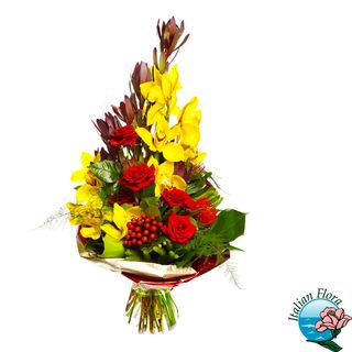 Bouquet con orchidee, gerbere e rose