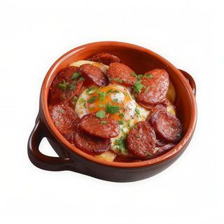 Sartén De Huevos Fritos Con Patatas Fritas Y Chorizo Cocido