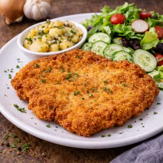 Kotlet schabowy  z ziemniakami i surówką ,zupa dnia 300 ml