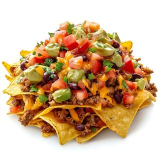 Nachos con cheddar, bacon y guacamole
