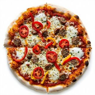 Pizza con Pomodoro, Mozzarella Fiordilatte, Peperoni e Salsiccia